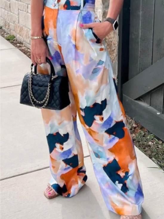Black Tape_ Pants - Black Tape Abstract Print Wide-Leg Pants in Water Color, Size 1x, EUC